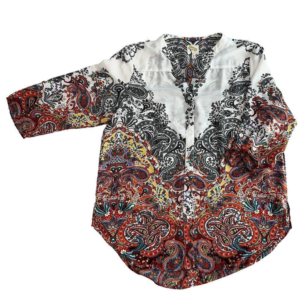 Fig and Flower Boho Colorful Print Pullover Tunic Top Adjustable Sleeve Size L